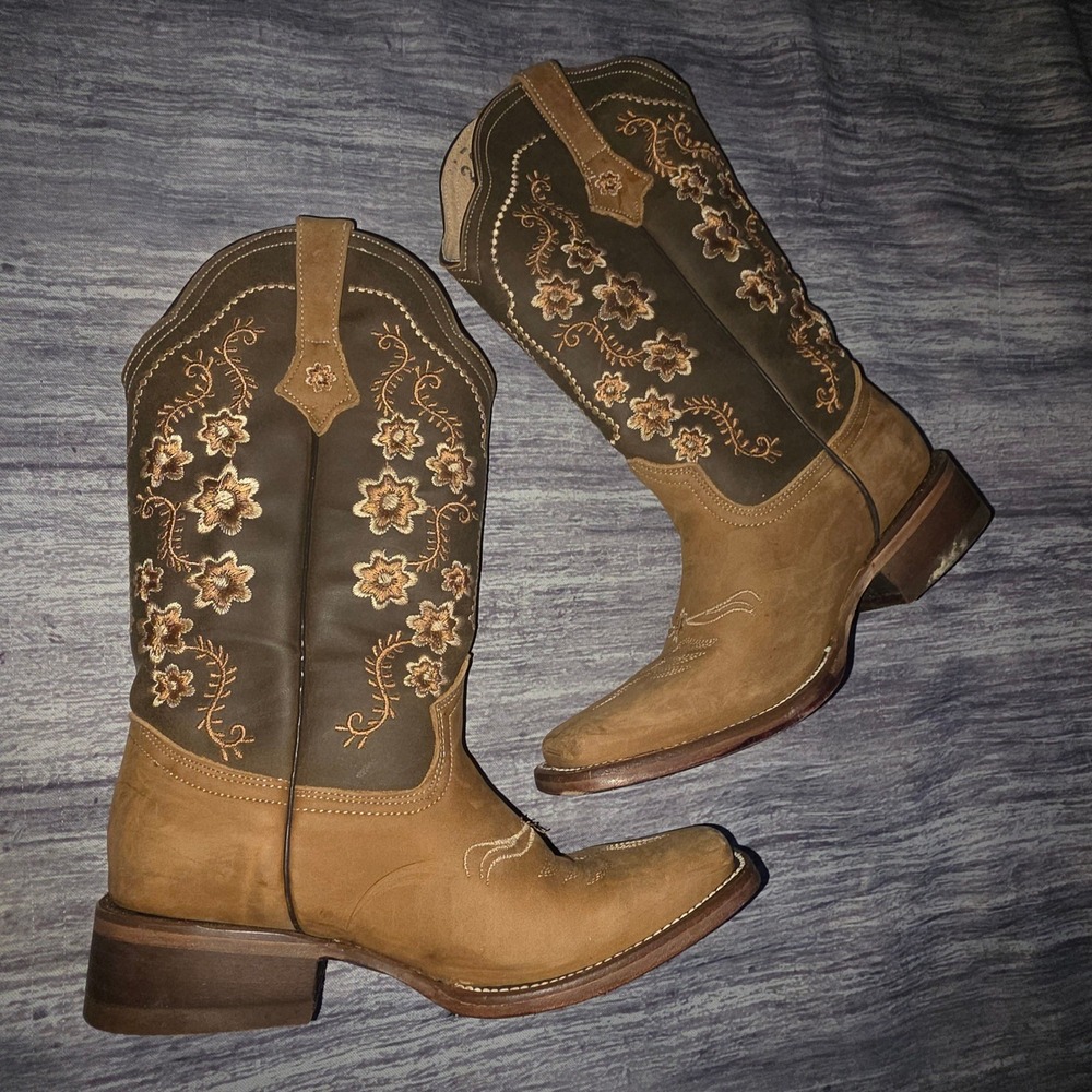 Rouswest Brown Leather Floral Embroidered Square Toe Western Cowgirl Boots MX23